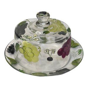 Hand Painted Clear Glass Covered Cheese Butter Dish w/ Grape Pattern